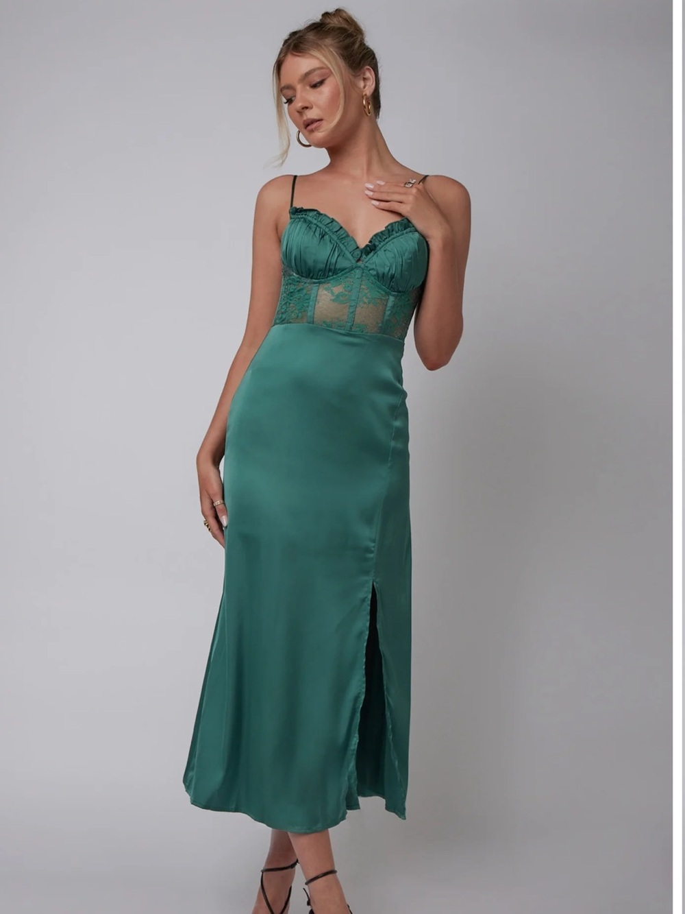 Angel Biba Emerald Green Lace Bodice  midi Satin Dress